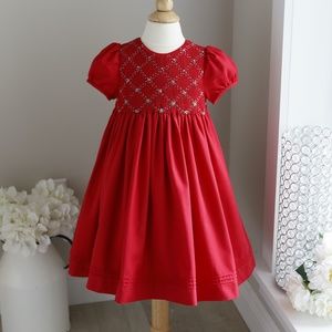 Girls Red Smocked Dress Hand- Embroidery Luli & Me Short Sleeve